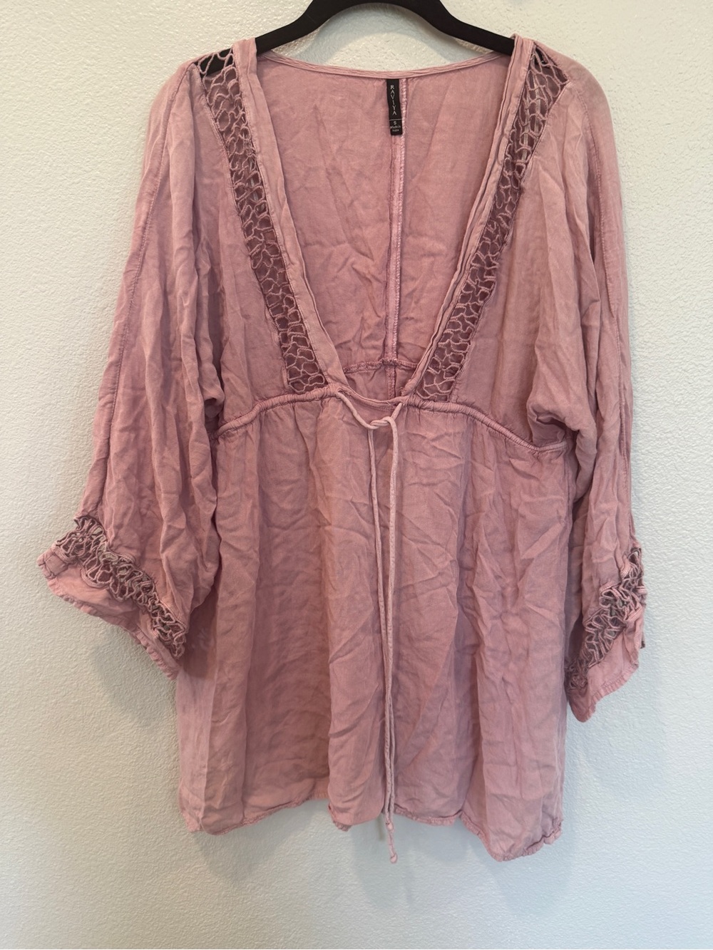 Raviya Dusty Rose Boho Tie-Front Tunic with Crochet Trim